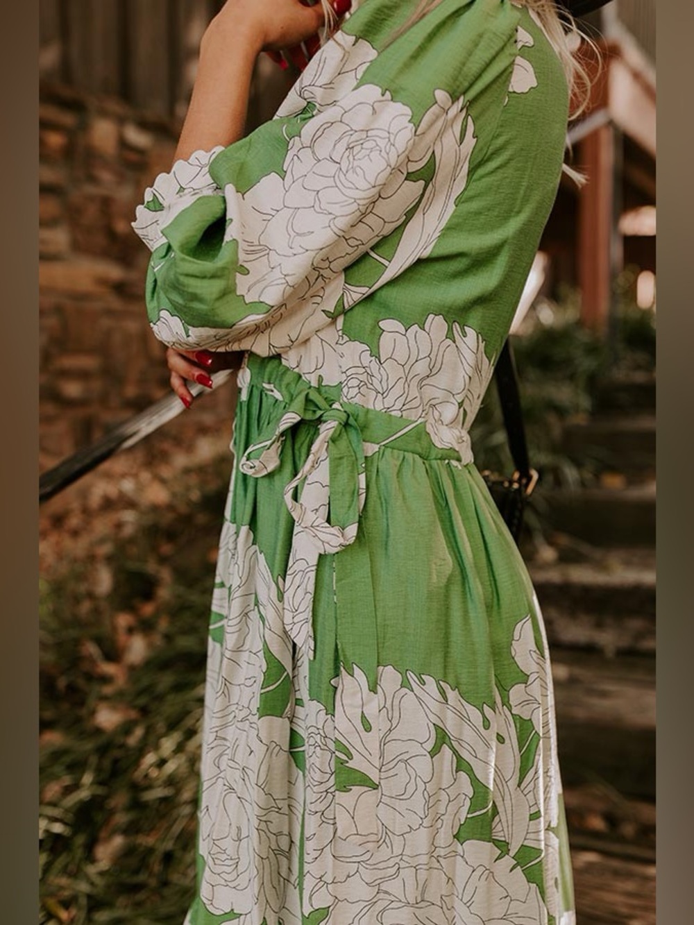 Entro Green White Floral Peony Gardenia Print Midi Dress Ric Rack Trim, S. NWOT - Picture 8 of 15